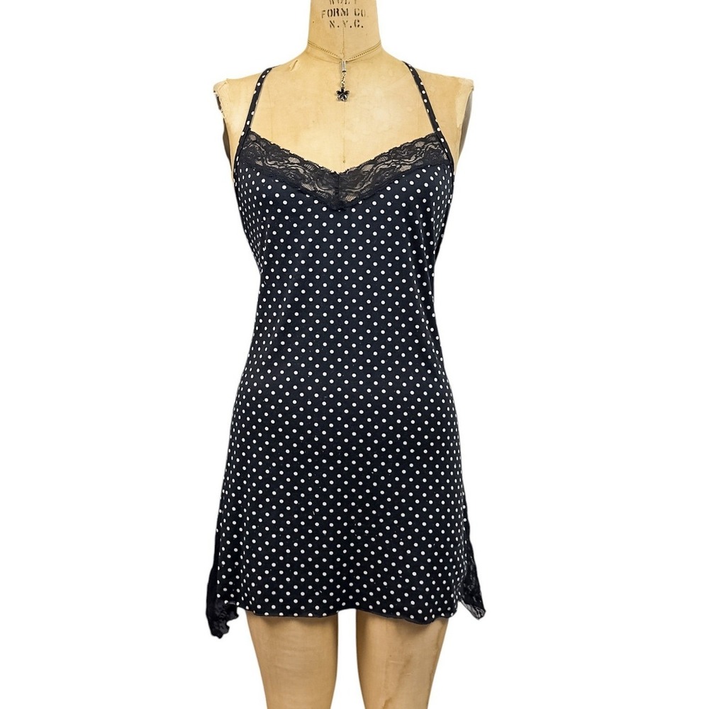Y2K Polka Dot Mini Slip Asymmetrical Lace Hem Dark Coquette Babydoll Size M
